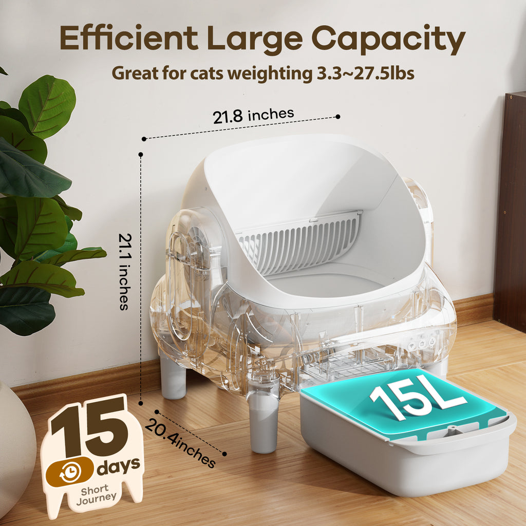Automatic Litter Box,Open Top Self Cleaning Litter Box with App Control for Multiple Cats, Safety Sensors Protection, Odor Control Includes 2 roll Liners,Large Waste Bin, Cream White