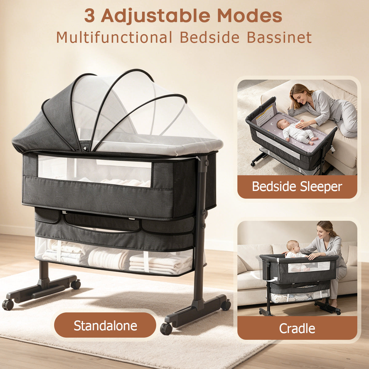 Baby Bassinet, 3 in 1 Bedside Bassinets for Baby, Bassinet Bedside Sleeper with Wheels, Adjustable Height with Rocking Mode, Breathable Mesh, Storage Basket, Easy Assemble & Folding