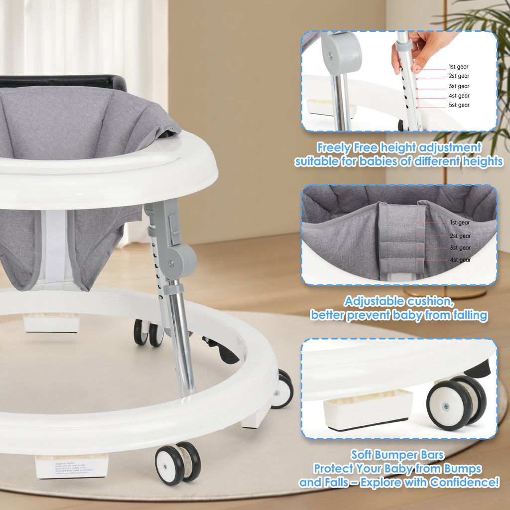 Baby Walker Foldable with 9 Adjustable Heights, Baby Walkers and Activity Center for Girls Boys Babies 7-18 Months, Baby Walker with Wheels Portable Anti-Rollover
