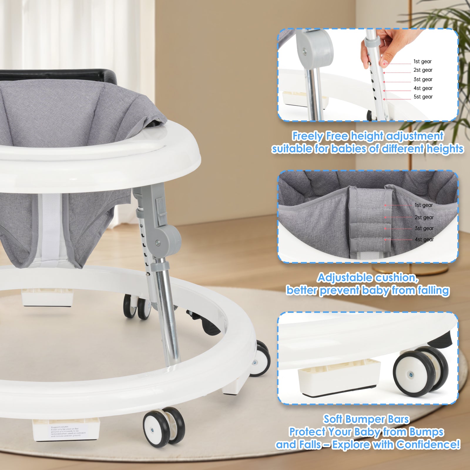 Baby Walker Foldable with 9 Adjustable Heights, Baby Walkers and Activity Center for Girls Boys Babies 7-18 Months, Baby Walker with Wheels Portable Anti-Rollover