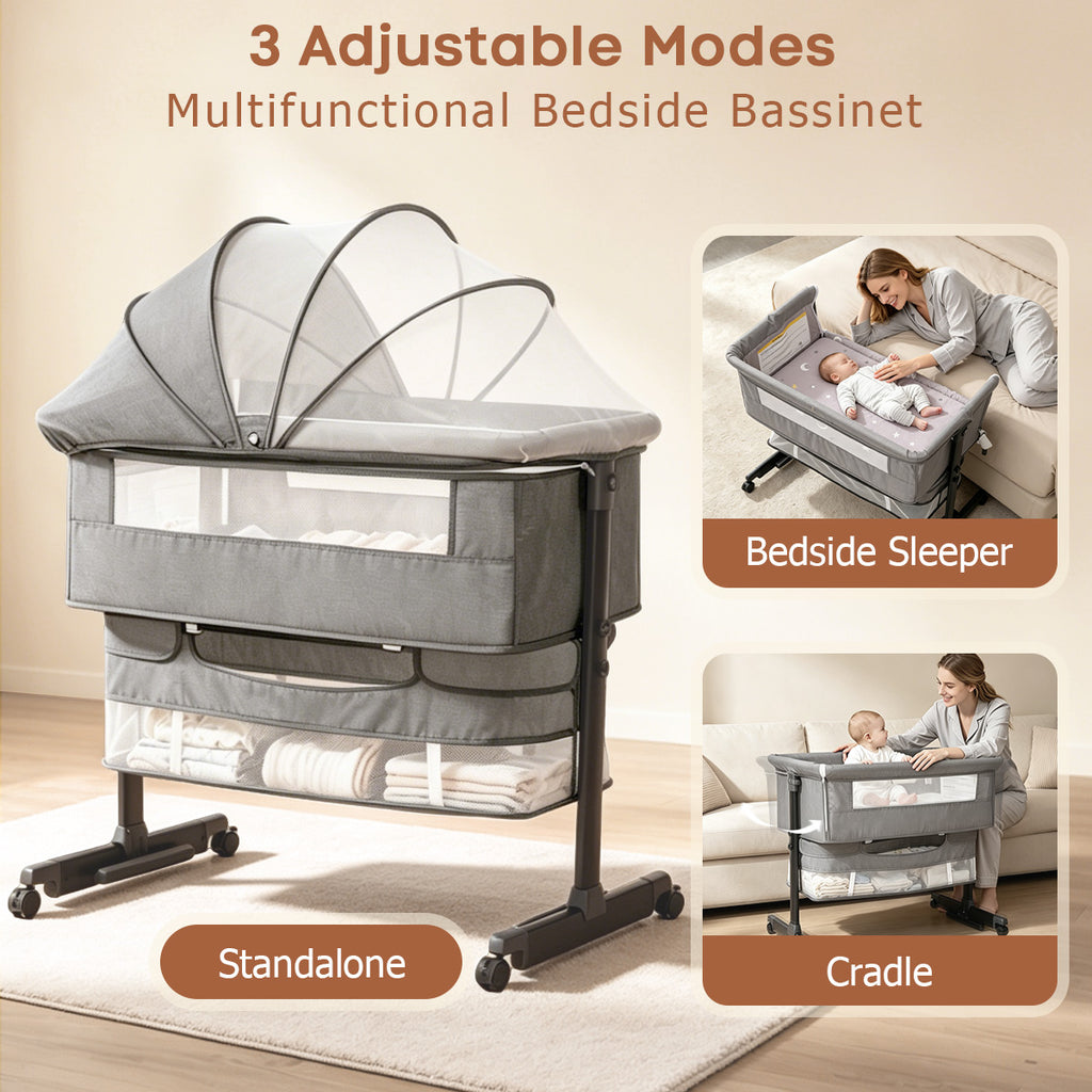 Baby Bassinet, Crib for Infant and Newborn, Bedside Sleeper with Storage Basket and Mosquito Net, Easy to Fold, Height Adjustable, Portable Side Bed Crib