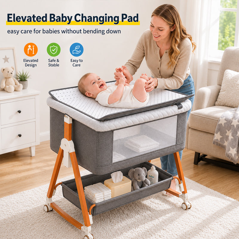 Kmaier Baby Bassinet 3 in 1 Foldable Portable Crib,6 Adjustable Height,with Wheels,Baby Bassinet Rocking-Dark Grey