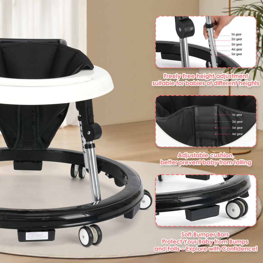 Foldable Baby Walker with Adjustable Height and Wheels, Portable Anti-Rollover Design
