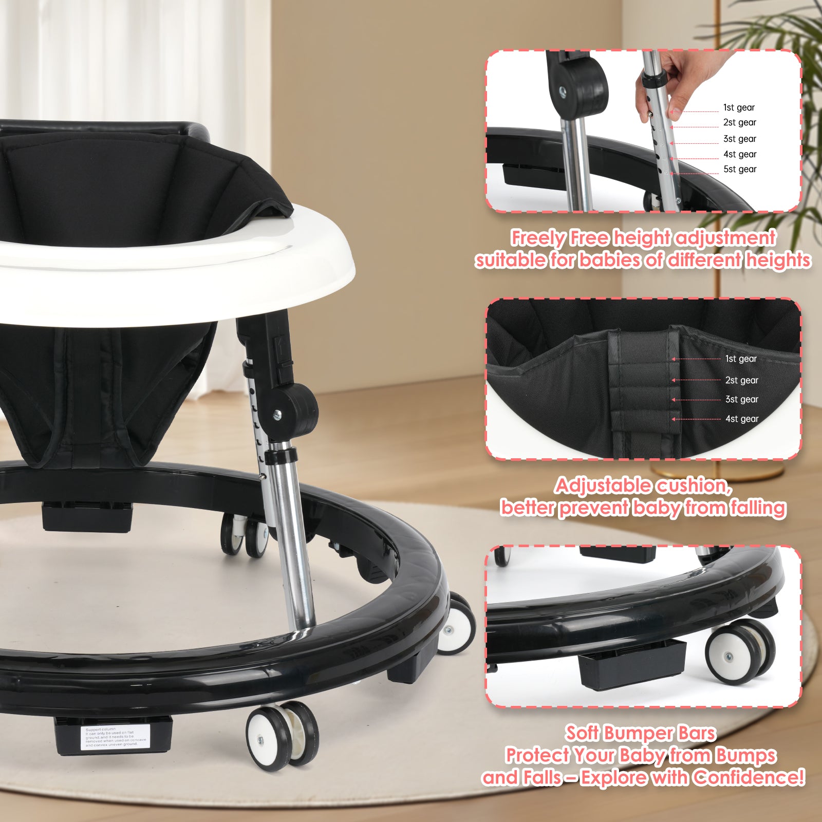 Foldable Baby Walker with Adjustable Height and Wheels, Portable Anti-Rollover Design