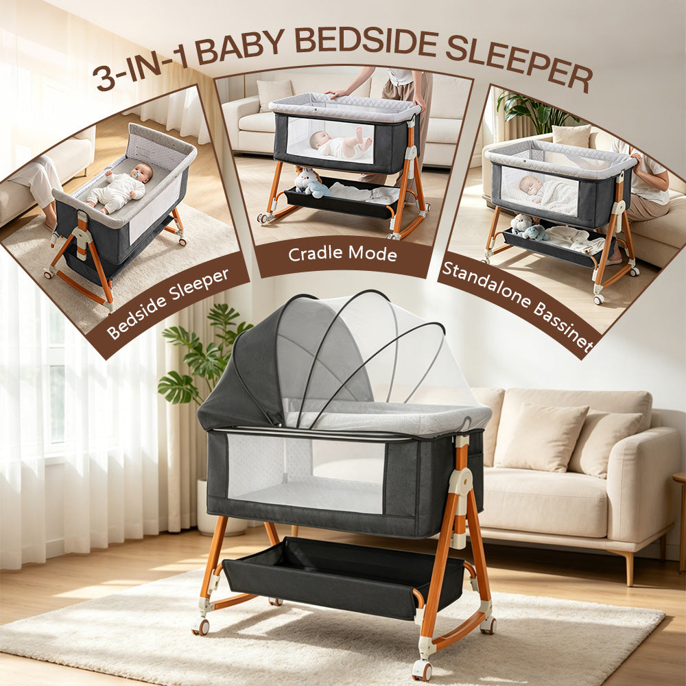 Baby Bassinet Sleeper, 6 Height Adjustable Cribs, Easy to Fold Portable Crib Side Bassinet, Swing Cradle Bed Side Sleeper with Ventilated NetWith Wheels