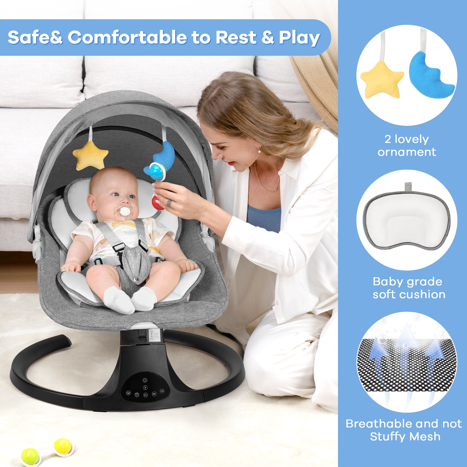 Baby Electric Bassinet, Baby Rocker, 5 Speed And 10 Lullabies, Baby Bouncer,Adapter And Battery Powered, For Indoor And Outdoor Use, Remote Control