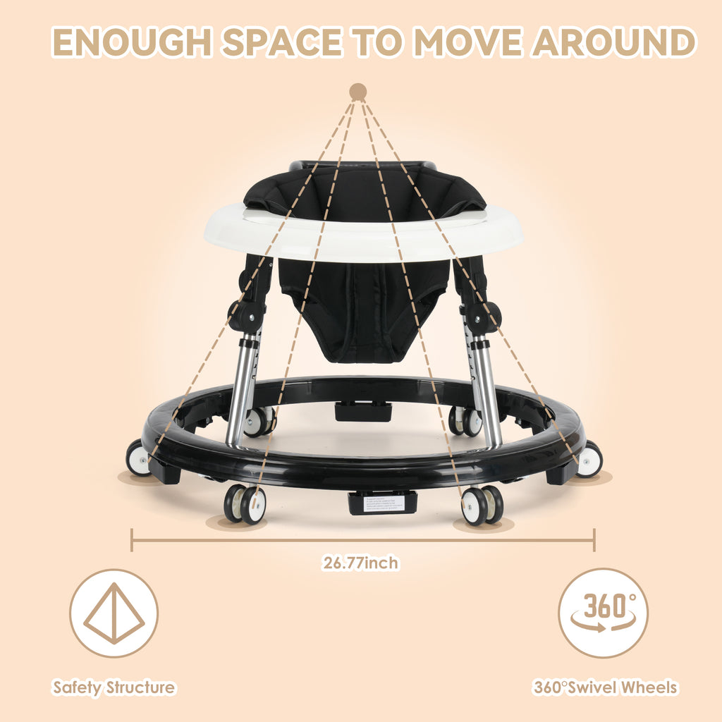 Foldable Baby Walker with Adjustable Height and Wheels, Portable Anti-Rollover Design