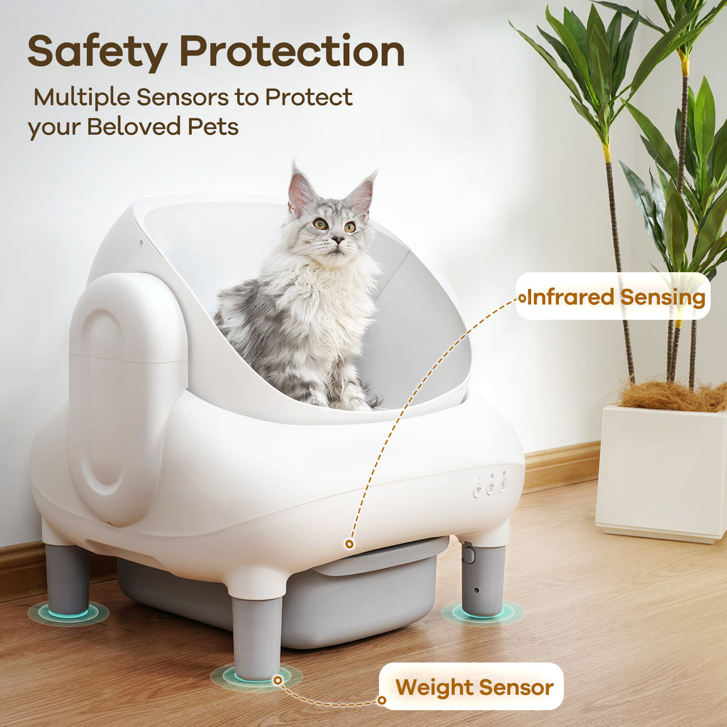Automatic Litter Box,Open Top Self Cleaning Litter Box with App Control for Multiple Cats, Safety Sensors Protection, Odor Control Includes 2 roll Liners,Large Waste Bin, Cream White