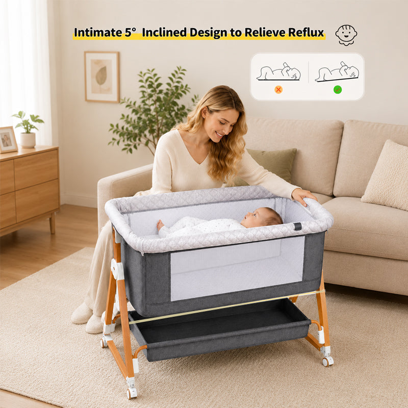 Kmaier Baby Bassinet 3 in 1 Foldable Portable Crib,6 Adjustable Height,with Wheels,Baby Bassinet Rocking-Dark Grey