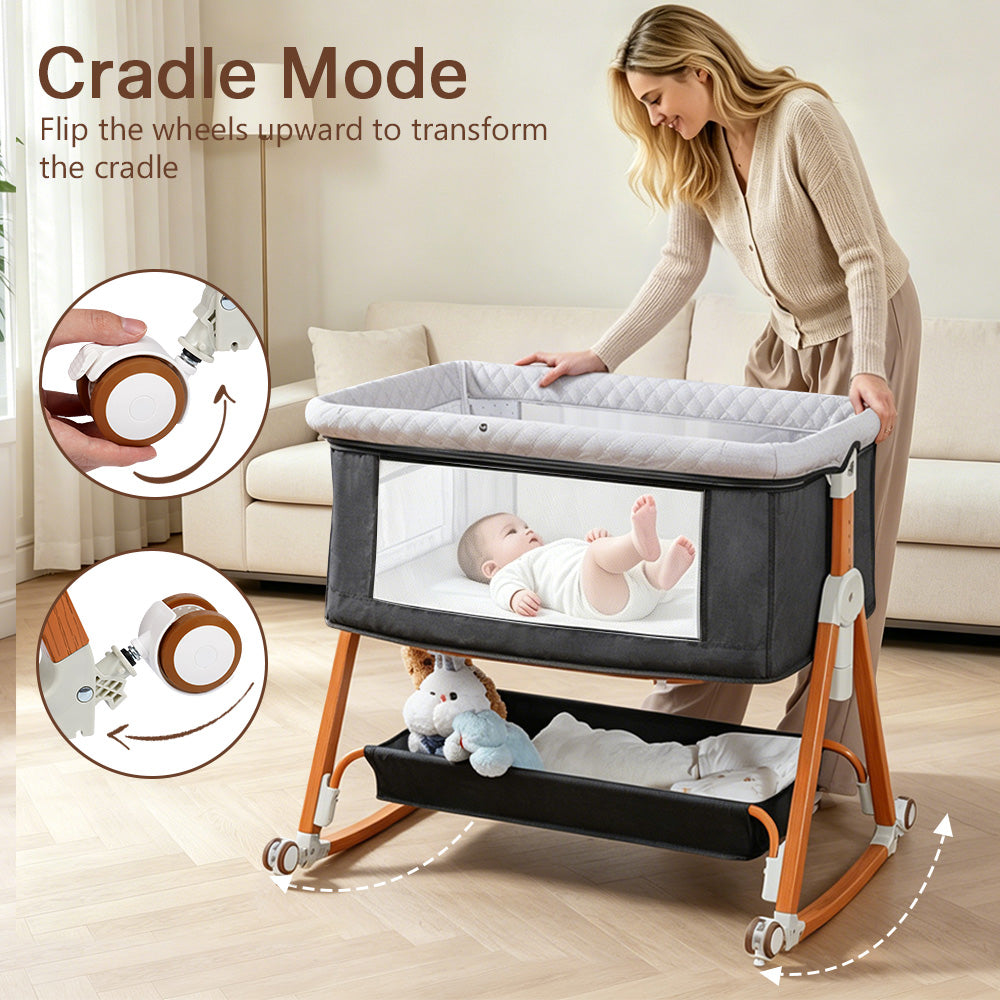 Baby Bassinet Sleeper, 6 Height Adjustable Cribs, Easy to Fold Portable Crib Side Bassinet, Swing Cradle Bed Side Sleeper with Ventilated NetWith Wheels
