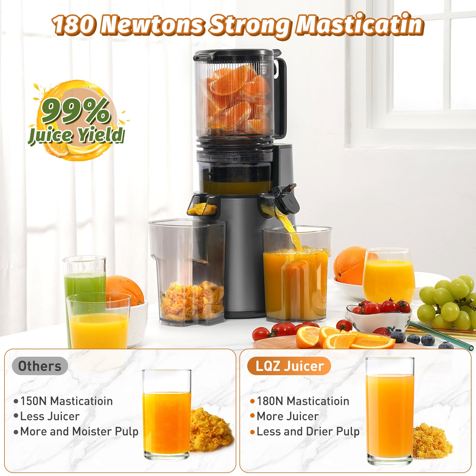 Cold Press Juicer, Juicer Machines with 5.4" Wide Feed Chute for Juice Extractor, Professional Slow Masticating Juicer for Whole Vegetables & Fruits with High Juice Yield, Easy to Clean