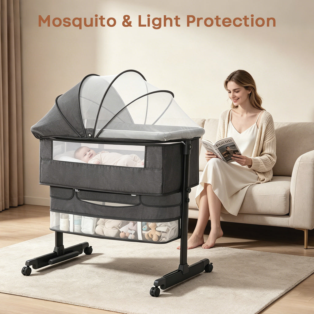 Baby Bassinet, 3 in 1 Bedside Bassinets for Baby, Bassinet Bedside Sleeper with Wheels, Adjustable Height with Rocking Mode, Breathable Mesh, Storage Basket, Easy Assemble & Folding