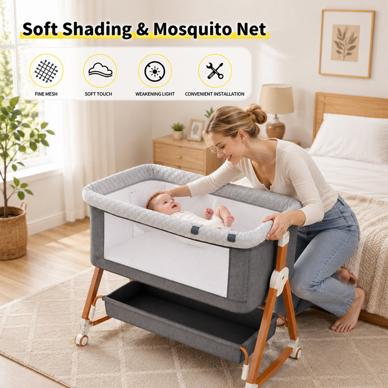 Kmaier Baby Bassinet 3 in 1 Foldable Portable Crib,6 Adjustable Height,with Wheels,Baby Bassinet Rocking-Dark Grey