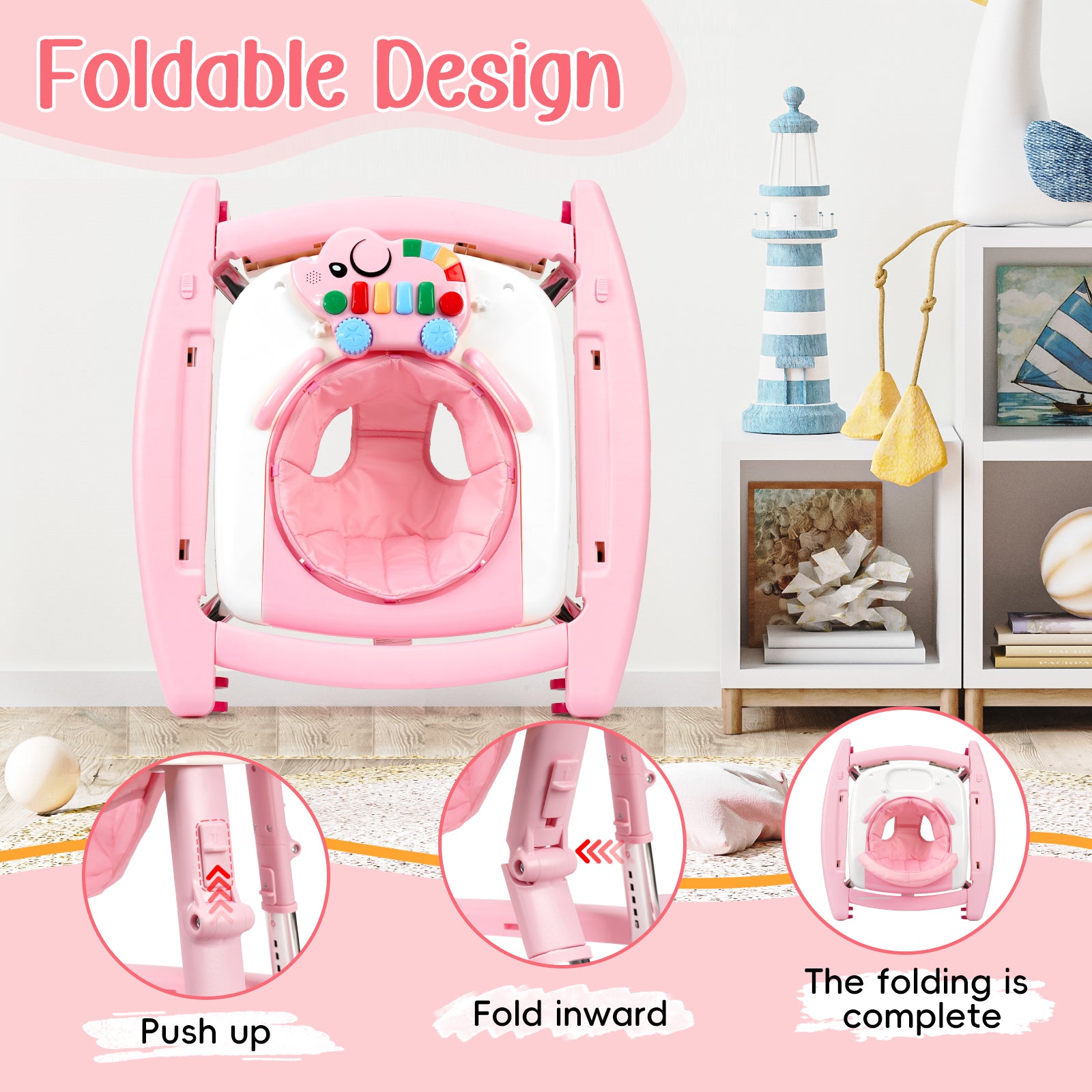 5-in-1 Music and Lights Baby Walker Foldable with 5 Adjustable Heights, Baby Walker with Wheels and Bouncer Combo Portable, Infant Toddler Walker for Baby Boy Girls 6-18 Months