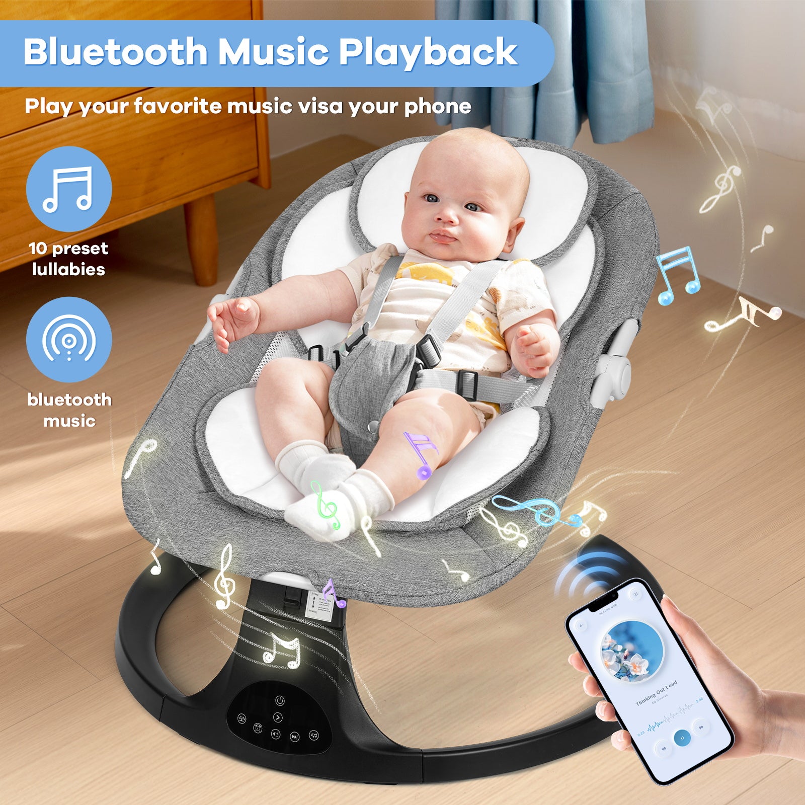 Baby Electric Bassinet, Baby Rocker, 5 Speed And 10 Lullabies, Baby Bouncer,Adapter And Battery Powered, For Indoor And Outdoor Use, Remote Control
