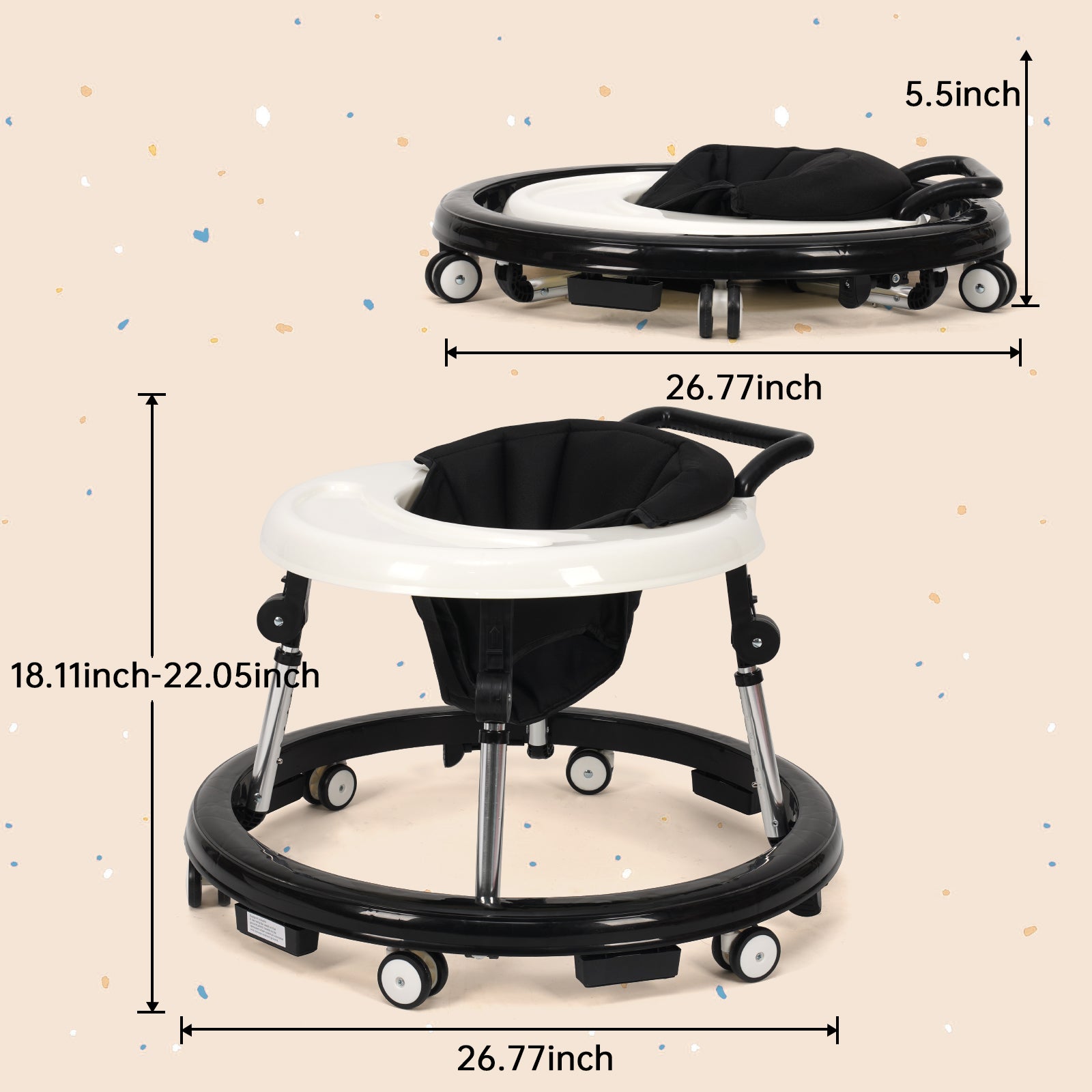 Foldable Baby Walker with Adjustable Height and Wheels, Portable Anti-Rollover Design