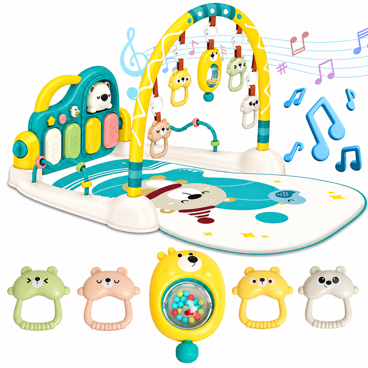 Baby Piano Play Mat with Mirror & Hanging Toys | 0-6 Month Infant Kick Play Gym | Soft Crawling Mat for Sensory & Motor Development | Pink & Gree
