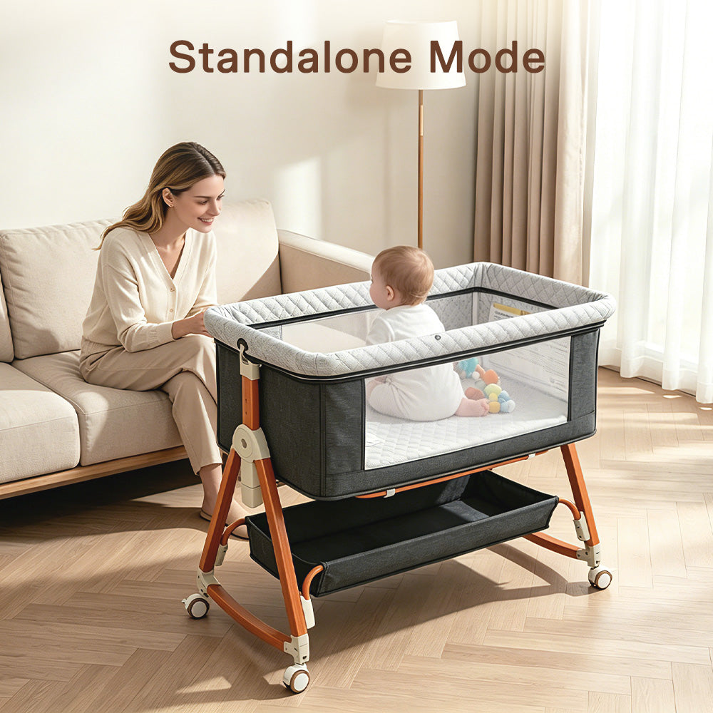 Baby Bassinet Sleeper, 6 Height Adjustable Cribs, Easy to Fold Portable Crib Side Bassinet, Swing Cradle Bed Side Sleeper with Ventilated NetWith Wheels