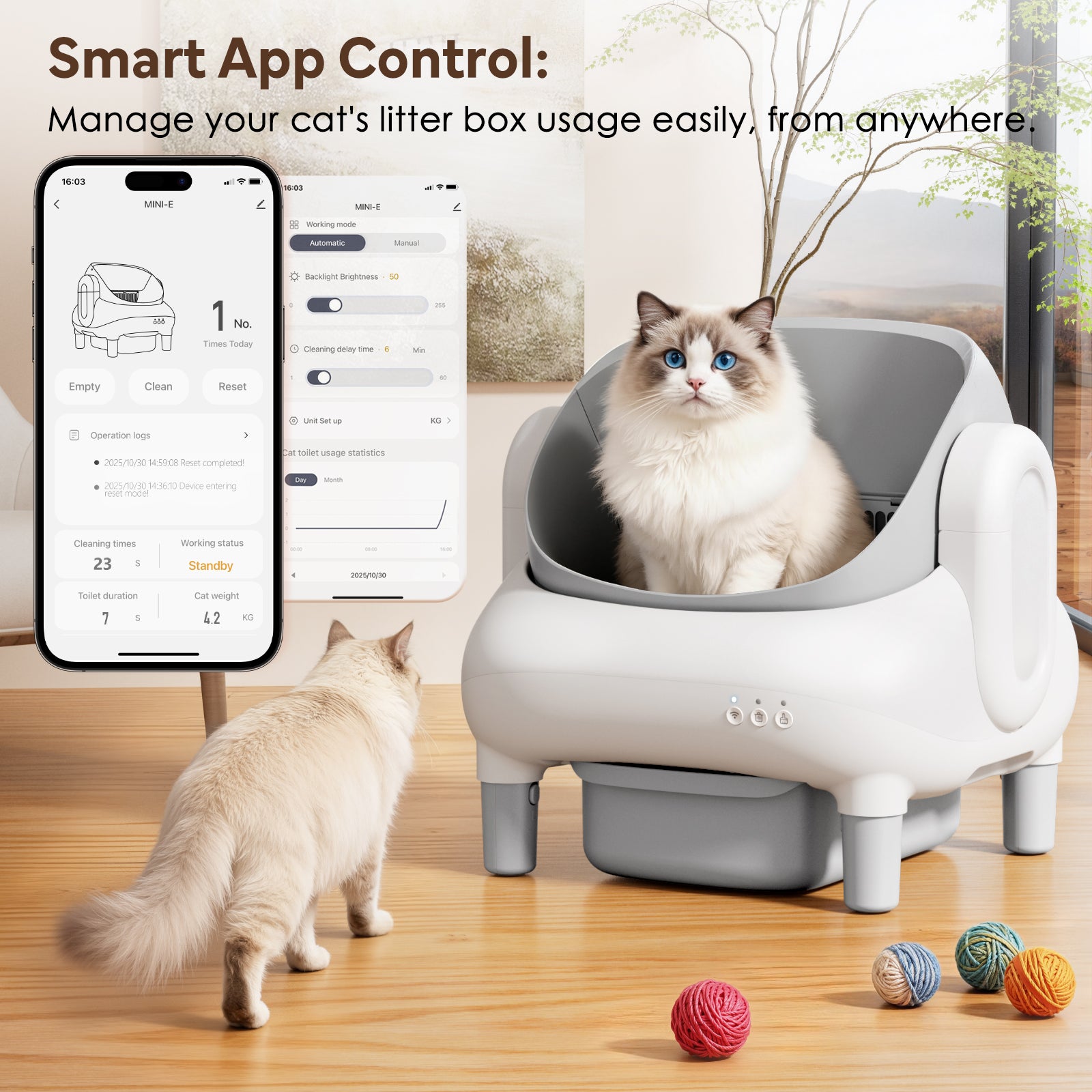 Cumrige E Self Cleaning Litter Box,Large Capacity Automatic Cat Litter Box Self Cleaning for Multiple Cats with App Control and Safety Protection,2 Roll Litter Bags,White