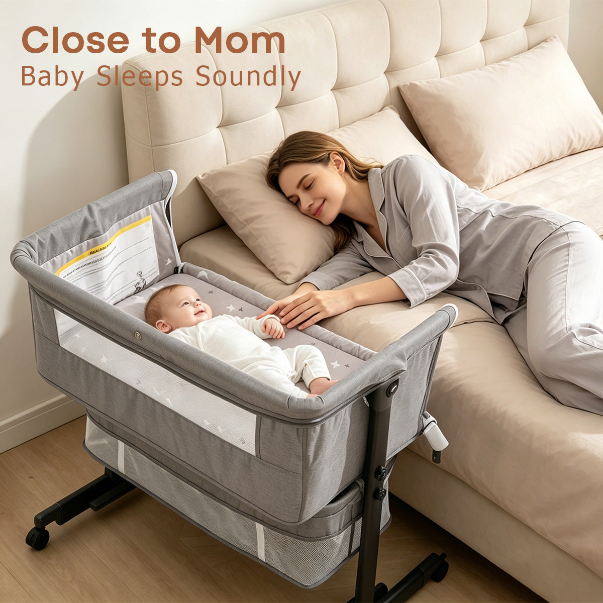 Baby Bassinet, Crib for Infant and Newborn, Bedside Sleeper with Storage Basket and Mosquito Net, Easy to Fold, Height Adjustable, Portable Side Bed Crib