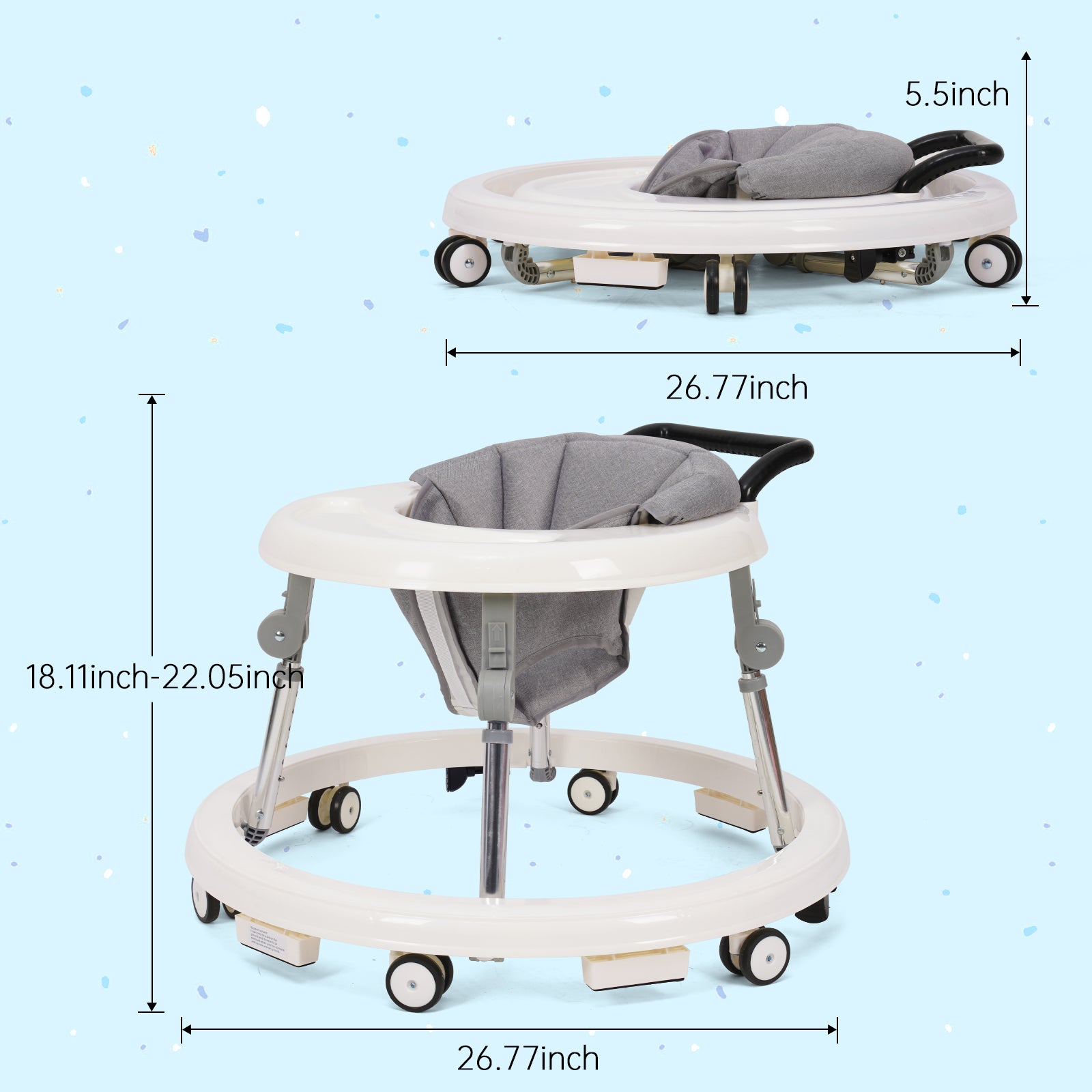 Baby Walker Foldable with 9 Adjustable Heights, Baby Walkers and Activity Center for Girls Boys Babies 7-18 Months, Baby Walker with Wheels Portable Anti-Rollover