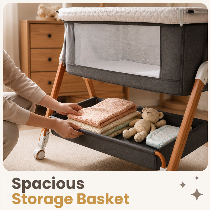 Kmaier Baby Bassinet 3 in 1 Foldable Portable Crib,6 Adjustable Height,with Wheels,Baby Bassinet Rocking-Dark Grey