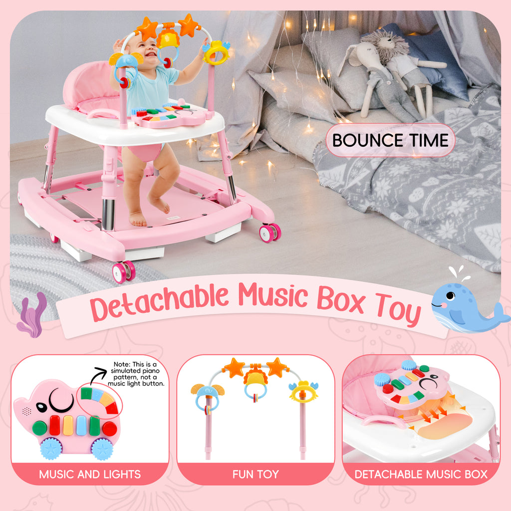 5-in-1 Music and Lights Baby Walker Foldable with 5 Adjustable Heights, Baby Walker with Wheels and Bouncer Combo Portable, Infant Toddler Walker for Baby Boy Girls 6-18 Months
