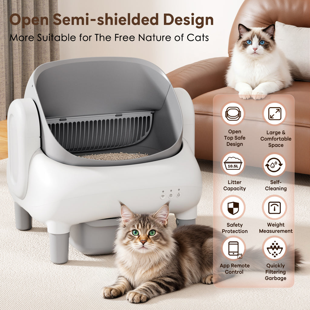 Cumrige E Self Cleaning Litter Box,Large Capacity Automatic Cat Litter Box Self Cleaning for Multiple Cats with App Control and Safety Protection,2 Roll Litter Bags,White