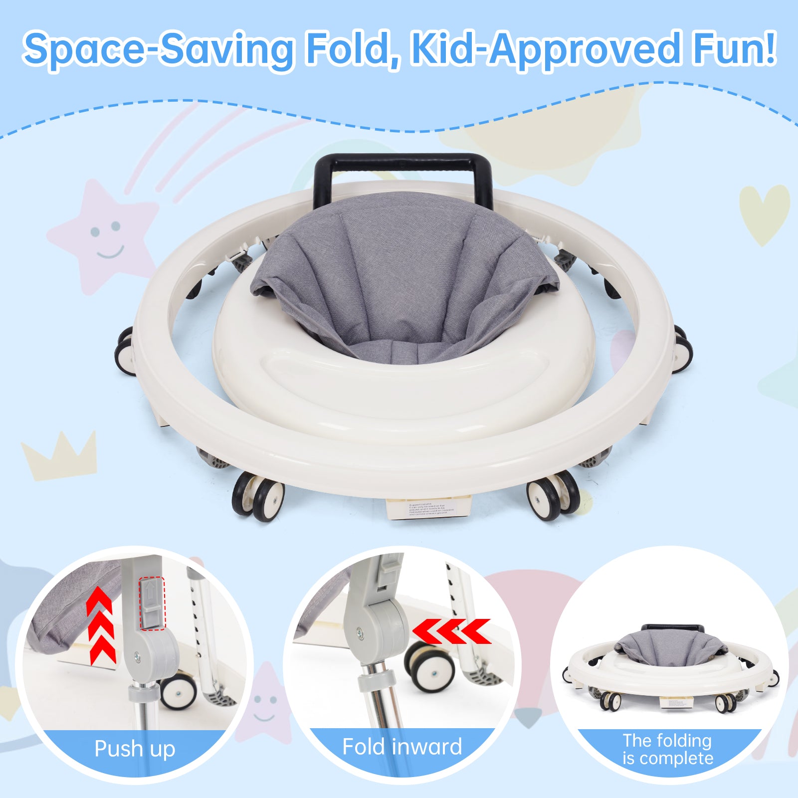 Baby Walker Foldable with 9 Adjustable Heights, Baby Walkers and Activity Center for Girls Boys Babies 7-18 Months, Baby Walker with Wheels Portable Anti-Rollover