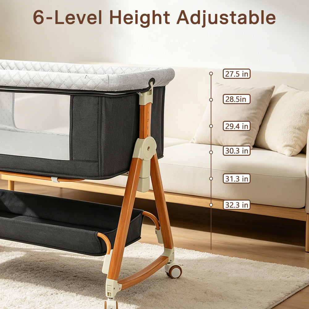 Baby Bassinet Sleeper, 6 Height Adjustable Cribs, Easy to Fold Portable Crib Side Bassinet, Swing Cradle Bed Side Sleeper with Ventilated NetWith Wheels