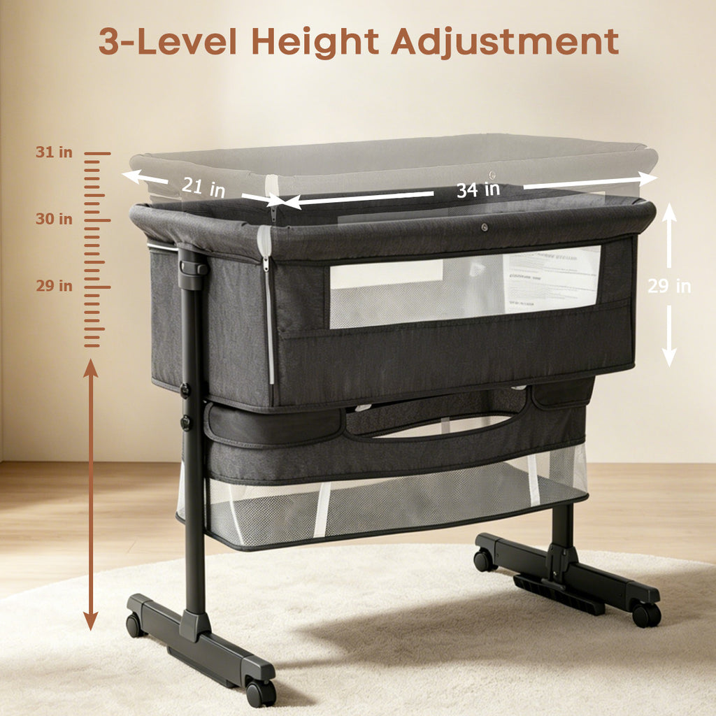 Baby Bassinet, 3 in 1 Bedside Bassinets for Baby, Bassinet Bedside Sleeper with Wheels, Adjustable Height with Rocking Mode, Breathable Mesh, Storage Basket, Easy Assemble & Folding