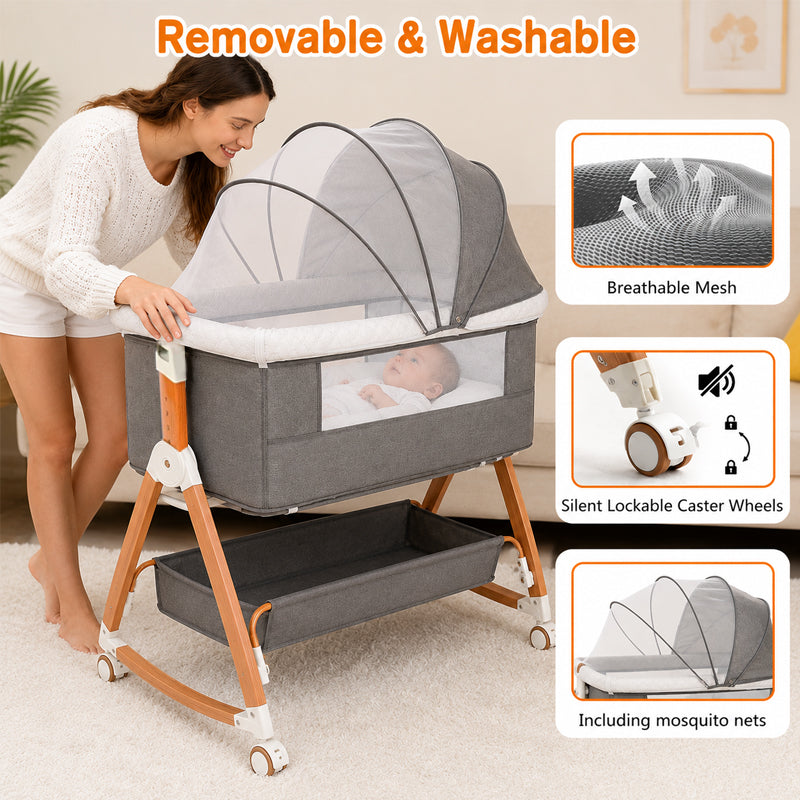 Kmaier Baby Bassinet 3 in 1 Foldable Portable Crib,6 Adjustable Height,with Wheels,Baby Bassinet Rocking-Dark Grey