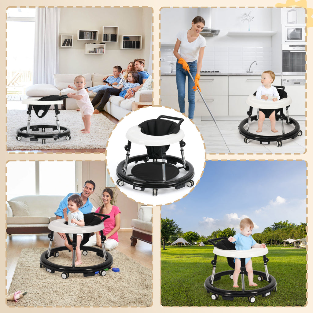Foldable Baby Walker with Adjustable Height and Wheels, Portable Anti-Rollover Design