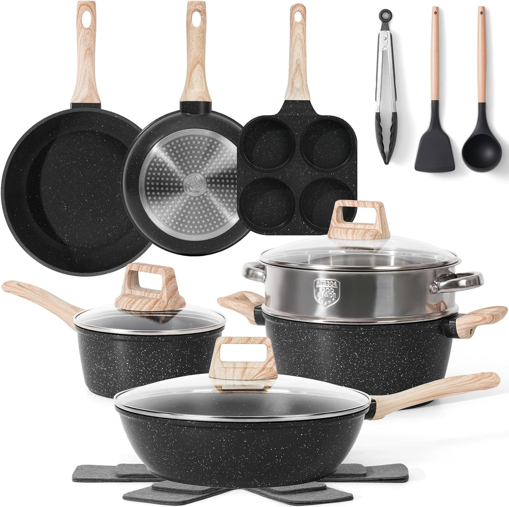 17 Pcs Pots and Pans Set Non Stick Kitchen Cookware Sets Nonstick Induction Cookware Non-toxic White Granite Cooking Tools with Stay-Cool Handles Silicone Tools, Pot Protectors
