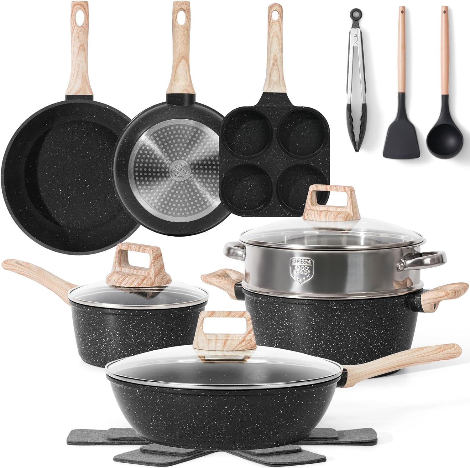 17 Pcs Pots and Pans Set Non Stick Kitchen Cookware Sets Nonstick Induction Cookware Non-toxic White Granite Cooking Tools with Stay-Cool Handles Silicone Tools, Pot Protectors