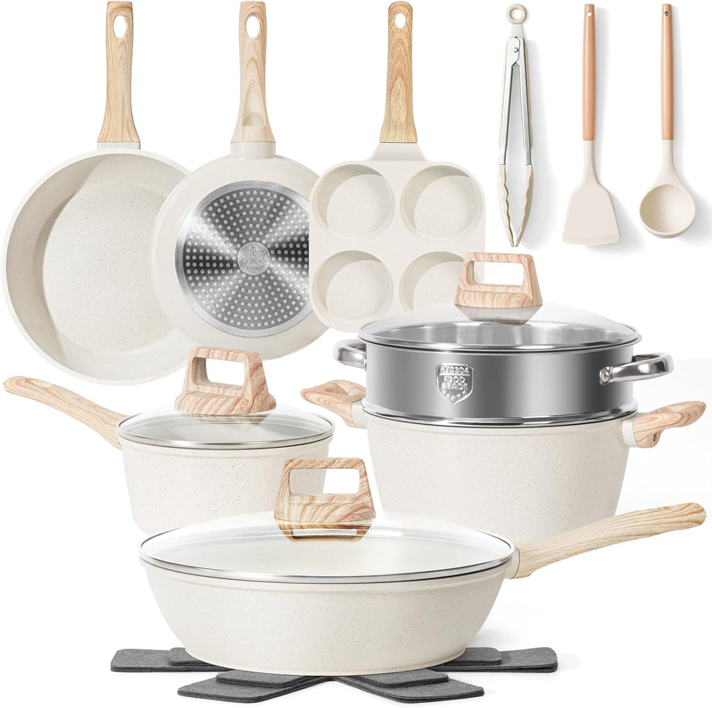 17 Pcs Pots and Pans Set Non Stick Kitchen Cookware Sets Nonstick Induction Cookware Non-toxic White Granite Cooking Tools with Stay-Cool Handles Silicone Tools, Pot Protectors