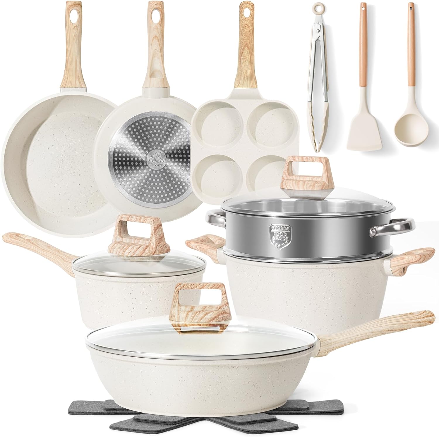 17 Pcs Pots and Pans Set Non Stick Kitchen Cookware Sets Nonstick Induction Cookware Non-toxic White Granite Cooking Tools with Stay-Cool Handles Silicone Tools, Pot Protectors