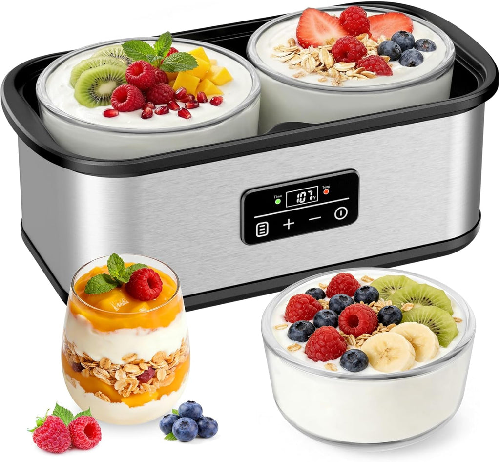 Yogurt Maker with Two Containers, Yogurt Maker Machine with Adjustable Temperature & Time Control, Automatic Shut-Off & Constant Temper for Homemade Probiotic Yogurt, Promoting Gut Health