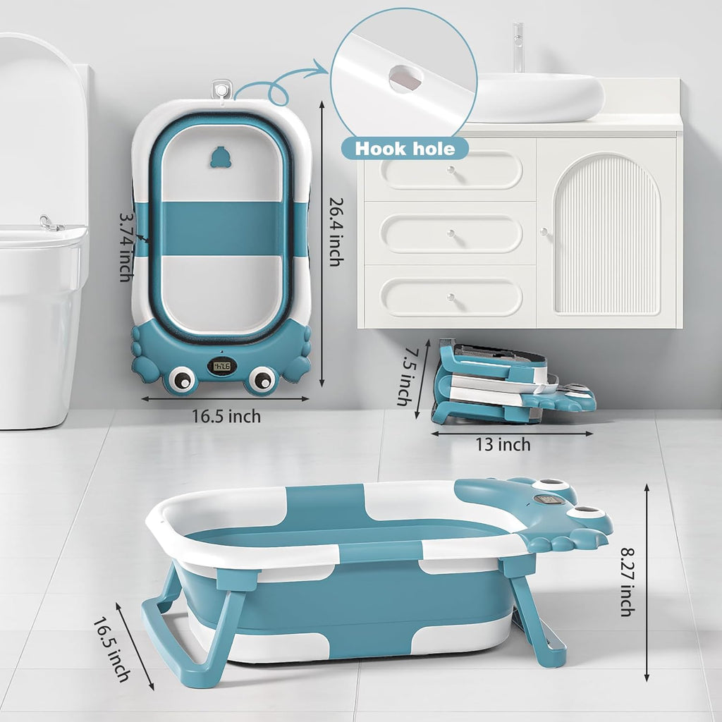 Collapsible Baby Bathtub for Newborns with Thermometer and Soft Floating Cushion Portable and Foldable Travel Baby Bath Tub for Infants to Toddler 0-36 Month