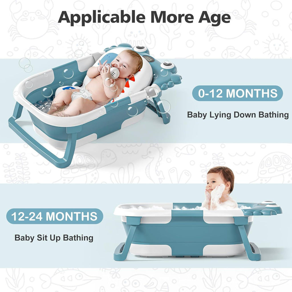 Collapsible Baby Bathtub for Newborns with Thermometer and Soft Floating Cushion Portable and Foldable Travel Baby Bath Tub for Infants to Toddler 0-36 Month