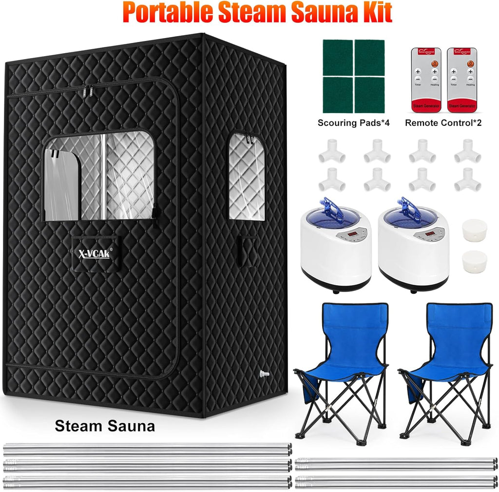 2 Person Sauna, Extra Large Sauna Box, Portable Steam Sauna Tent with 2 Steamers, 2 Folding Chair, 71”x 49”x 36”, Black