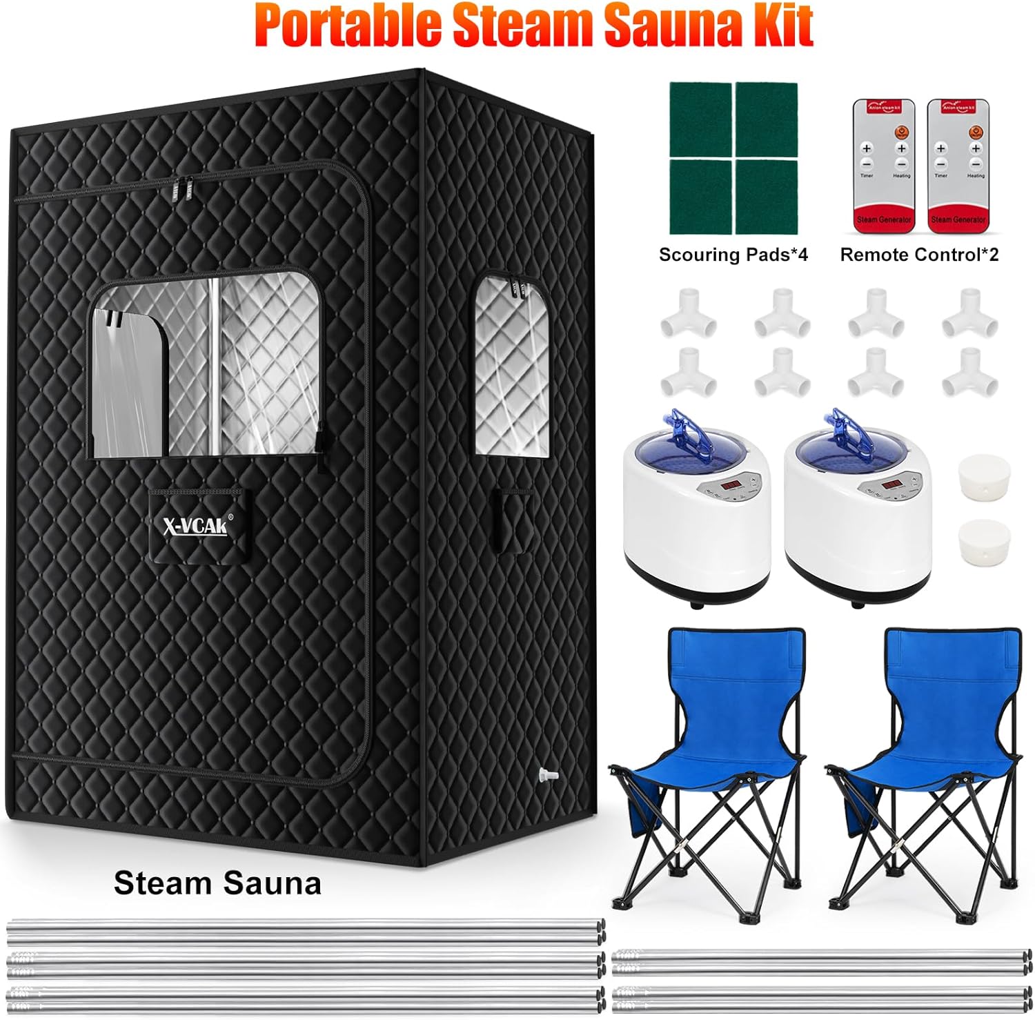 2 Person Sauna, Extra Large Sauna Box, Portable Steam Sauna Tent with 2 Steamers, 2 Folding Chair, 71”x 49”x 36”, Black