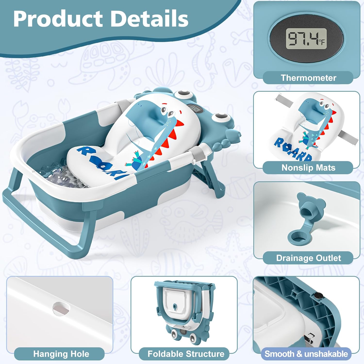 Collapsible Baby Bathtub for Newborns with Thermometer and Soft Floating Cushion Portable and Foldable Travel Baby Bath Tub for Infants to Toddler 0-36 Month