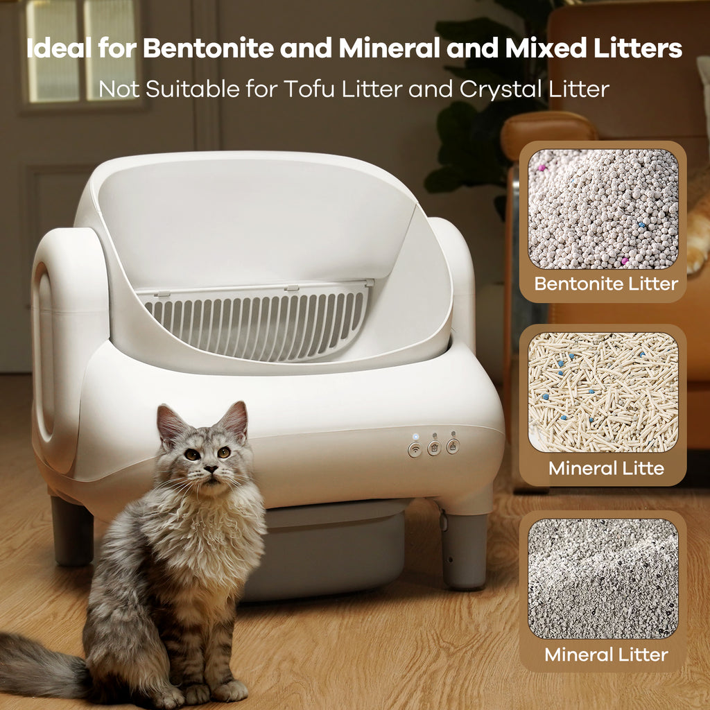 Automatic Litter Box,Open Top Self Cleaning Litter Box with App Control for Multiple Cats, Safety Sensors Protection, Odor Control Includes 2 roll Liners,Large Waste Bin, Cream White