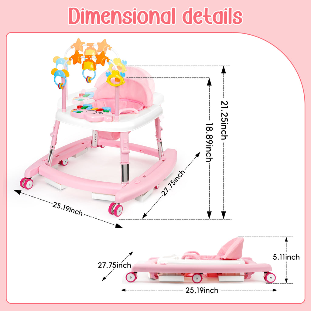 5-in-1 Music and Lights Baby Walker Foldable with 5 Adjustable Heights, Baby Walker with Wheels and Bouncer Combo Portable, Infant Toddler Walker for Baby Boy Girls 6-18 Months