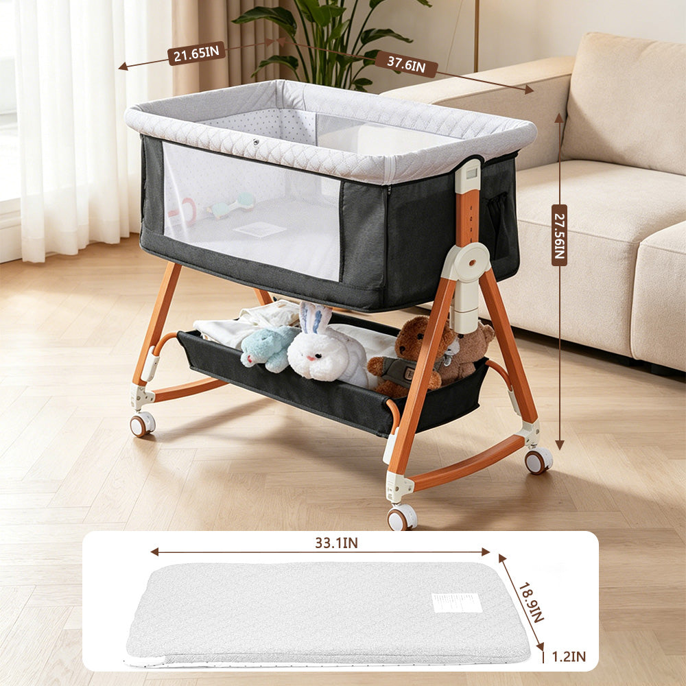 Baby Bassinet Sleeper, 6 Height Adjustable Cribs, Easy to Fold Portable Crib Side Bassinet, Swing Cradle Bed Side Sleeper with Ventilated NetWith Wheels