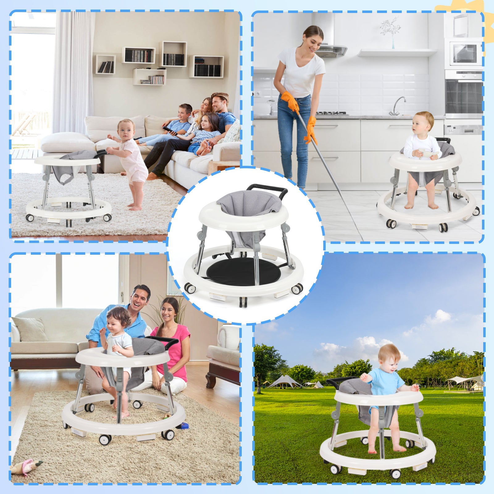 Baby Walker Foldable with 9 Adjustable Heights, Baby Walkers and Activity Center for Girls Boys Babies 7-18 Months, Baby Walker with Wheels Portable Anti-Rollover