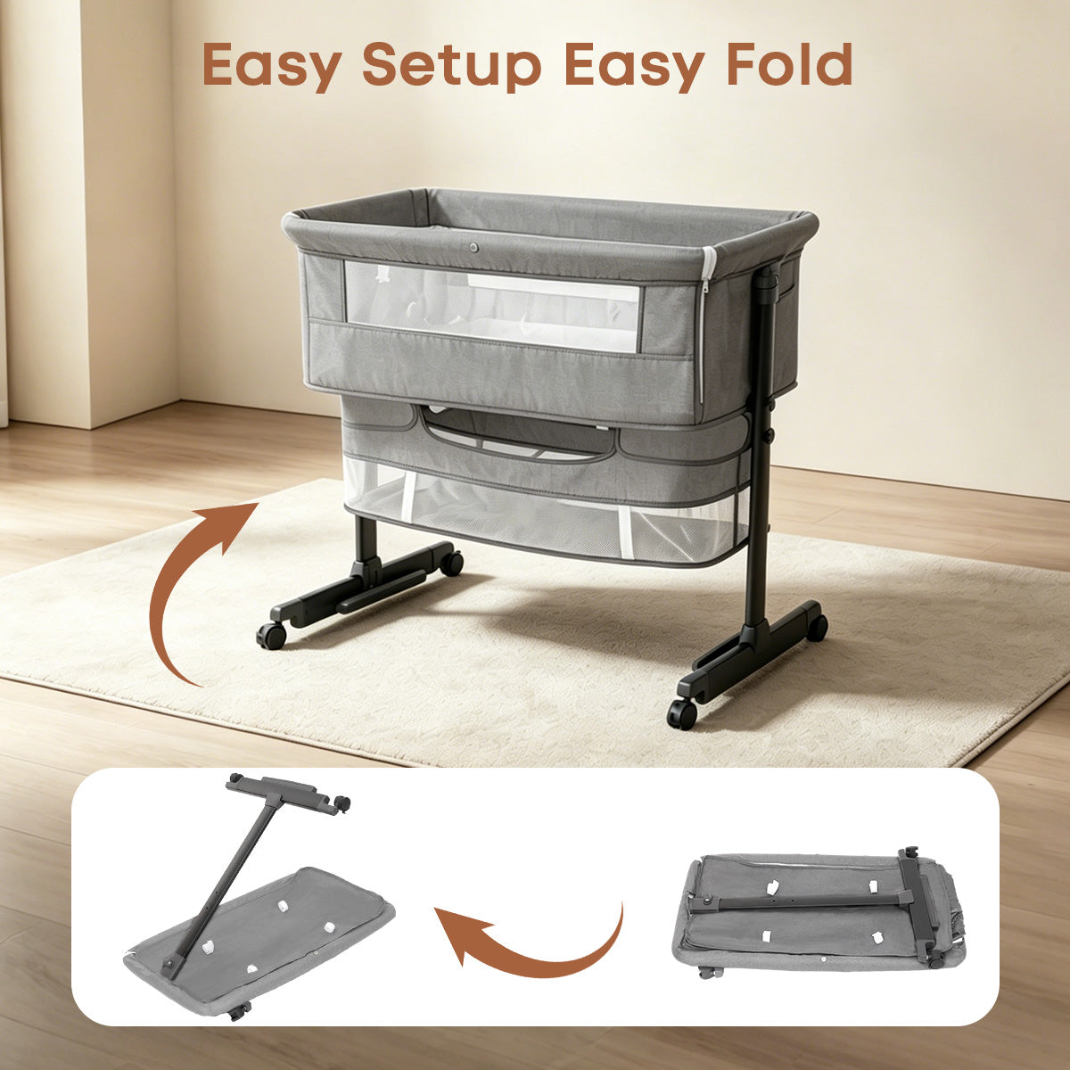 Baby Bassinet, Crib for Infant and Newborn, Bedside Sleeper with Storage Basket and Mosquito Net, Easy to Fold, Height Adjustable, Portable Side Bed Crib