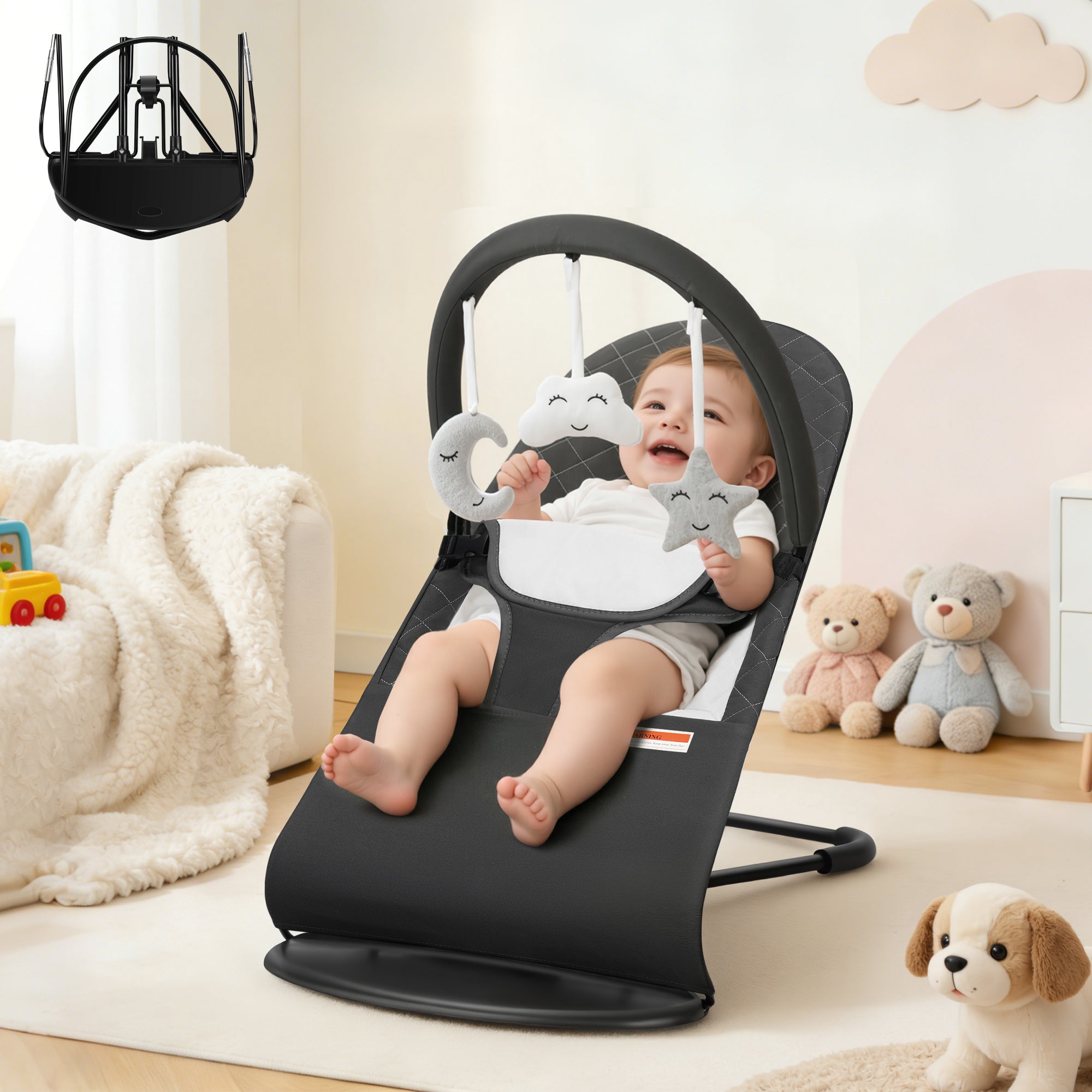 Baby Bouncer, Portable Baby Bouncer Seat for Baby 0-18 Months, 3 Modes with Rocker and Stationary Options, Infant Rocker Chair with Hanging Toys