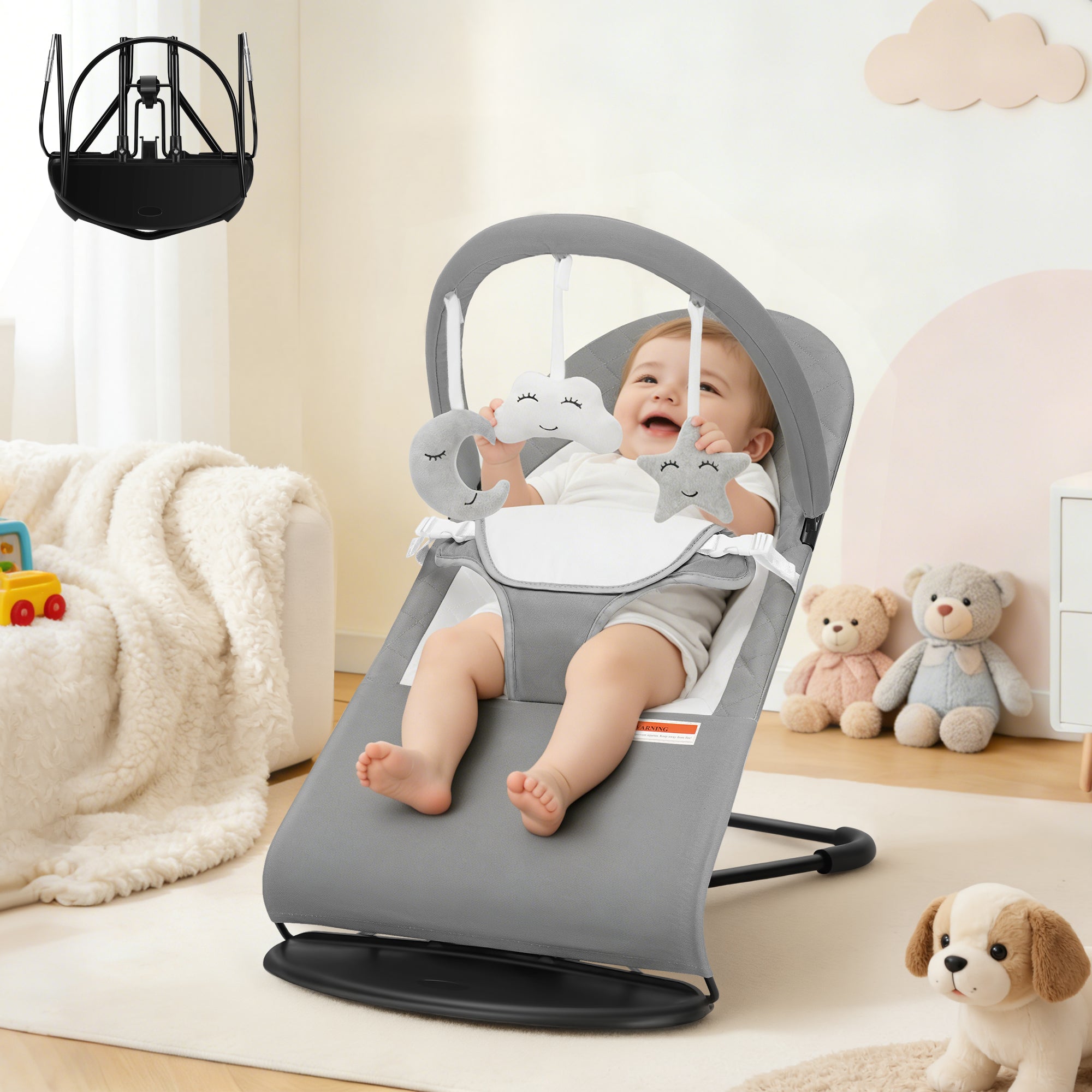 Baby Bouncer, Portable Baby Bouncer Seat for Baby 0-18 Months, 3 Modes with Rocker and Stationary Options, Infant Rocker Chair with Hanging Toys